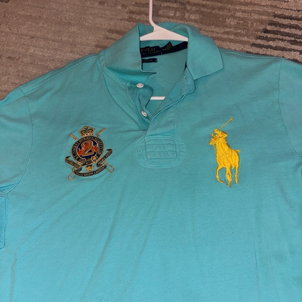 Polo by Ralph Lauren Men's Aqua Polo Shirt with Yellow Logo - Picture 4 of 4